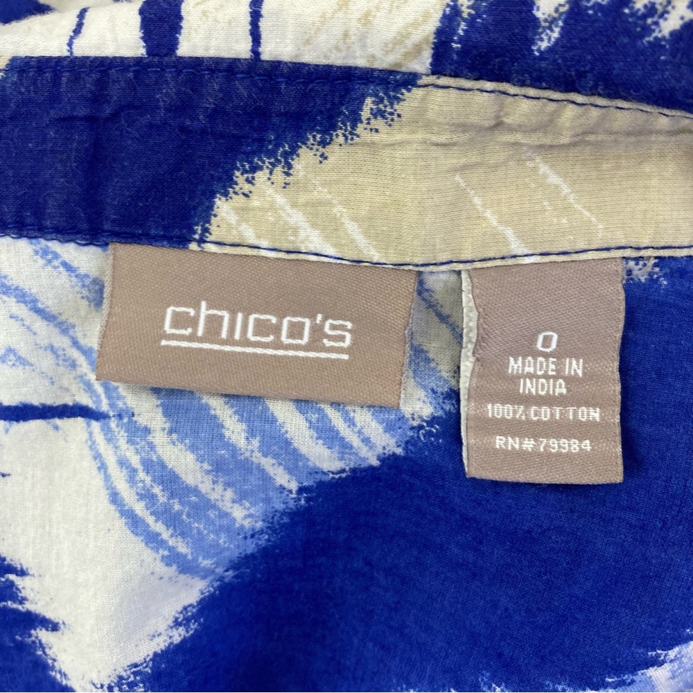 Chico's Vibrant Blue‎ and Cream Cotton Blouse Size 0 Roll Tab Sleeves